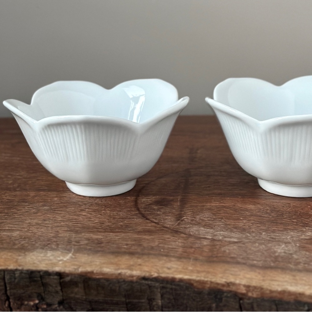 Pier 1 Porcelain China White Lotus Flower Dessert Rice Nut Dipping Bowl 4” Set
